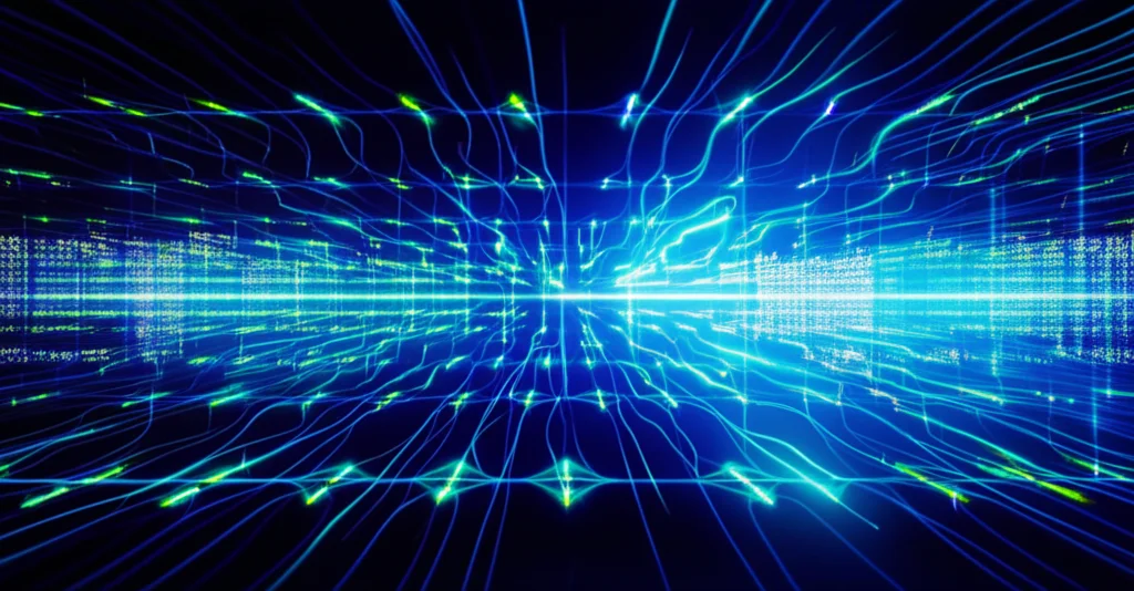 Una visualizzazione astratta di dati di serie temporali energetiche che vengono processati e classificati, con nodi luminosi che rappresentano i 'bucket' LSH e linee che collegano dati simili. Wide-angle, 10mm, long exposure, smooth data flows, colori neon su sfondo scuro per un effetto 'matrix'.