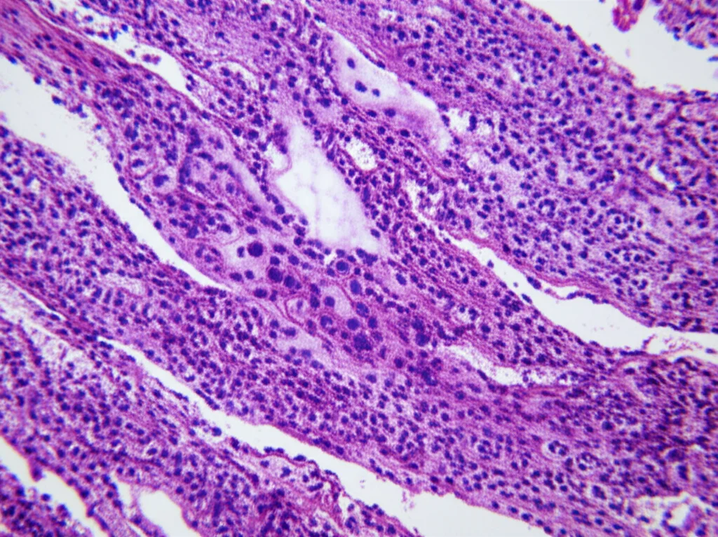 Visualizzazione microscopica ad alta definizione di cellule del miometrio e di leiomioma uterino, evidenziando le differenze nella struttura della cromatina. Lente macro, 100mm, illuminazione controllata, alta definizione dei dettagli.
