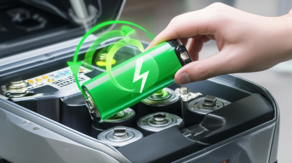 Immagine macro di una mano che inserisce con cura una batteria di auto elettrica usata in un contenitore di riciclo high-tech, con simboli verdi e frecce circolari. Illuminazione controllata, alta definizione, obiettivo macro 80mm, che enfatizza la texture della batteria e la pulizia del contenitore.