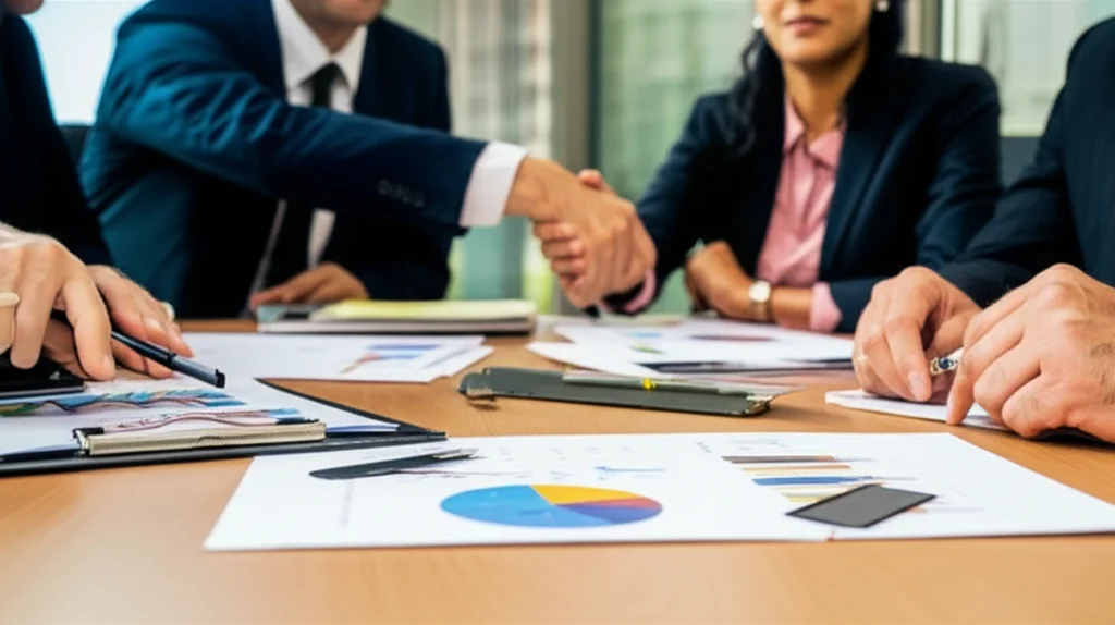 Foto di un tavolo da conferenza con funzionari governativi e ingegneri che discutono piani per l'innovazione nel riciclo delle batterie NEV. Sul tavolo, modelli 3D di batterie e grafici di incentivi. Obiettivo prime 35mm, profondità di campo che sfoca leggermente lo sfondo per concentrarsi sui volti e sui documenti, illuminazione da ufficio brillante ma naturale.