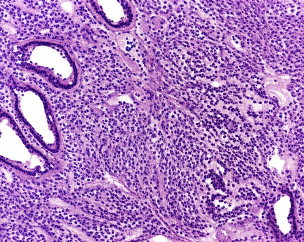 Immagine macro ad alta definizione di granulomi non caseosi in un campione di tessuto polmonare affetto da sarcoidosi, illuminazione da laboratorio controllata, lente macro 90mm, che mostra chiaramente la struttura cellulare aggregata tipica del granuloma e l'infiltrazione linfocitaria.