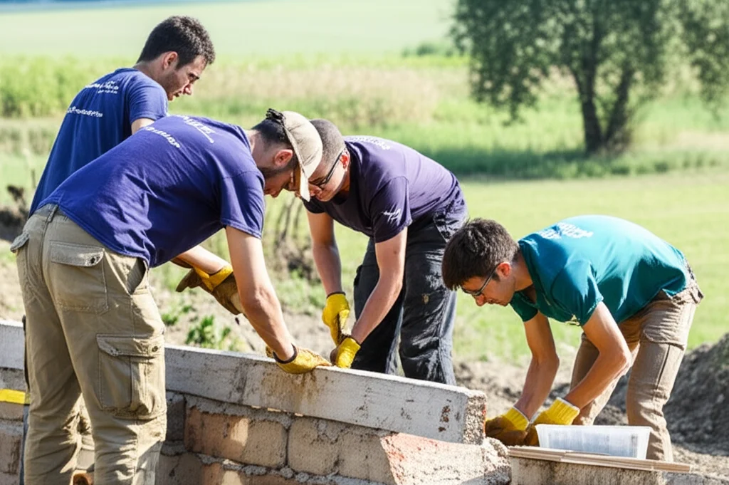 Un gruppo diversificato di giovani volontari internazionali che lavorano insieme con entusiasmo alla costruzione di una piccola struttura comunitaria in un'area rurale ungherese. Luce naturale del mattino, obiettivo da 35mm, profondità di campo che mette a fuoco i volontari e il loro lavoro, con lo sfondo leggermente sfocato che mostra un paesaggio verdeggiante.