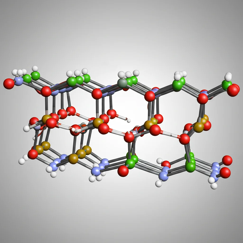 Visualizzazione 3D fotorealistica di una struttura molecolare di silicato a catena singola (CSn), con atomi di silicio e ossigeno chiaramente distinguibili, legami evidenziati. Illuminazione da studio controllata, obiettivo macro 90mm per dettaglio estremo, sfondo neutro per enfatizzare la molecola.