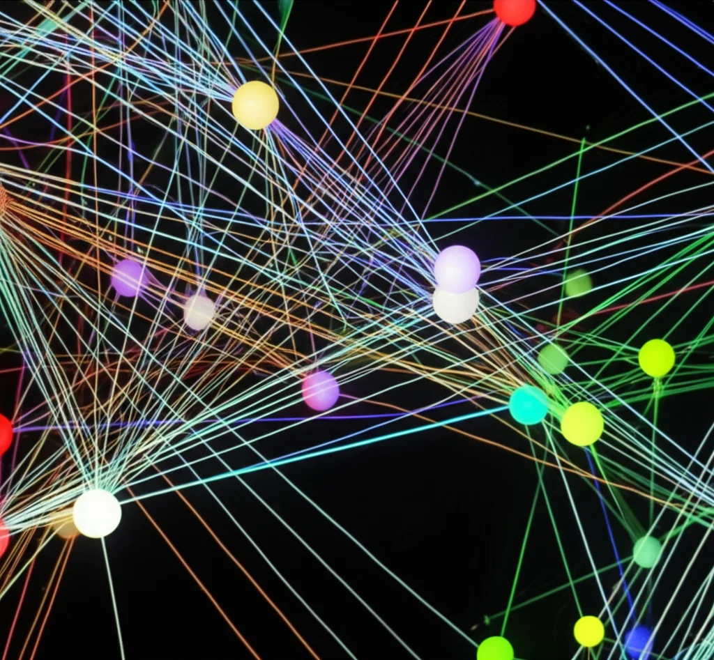 Diagramma astratto che illustra la teoria dei grafi applicata a strutture molecolari complesse, con nodi e connessioni colorati. Stile infografica scientifica, illuminazione diffusa, obiettivo 50mm per una visione d'insieme chiara, dettagli nitidi.