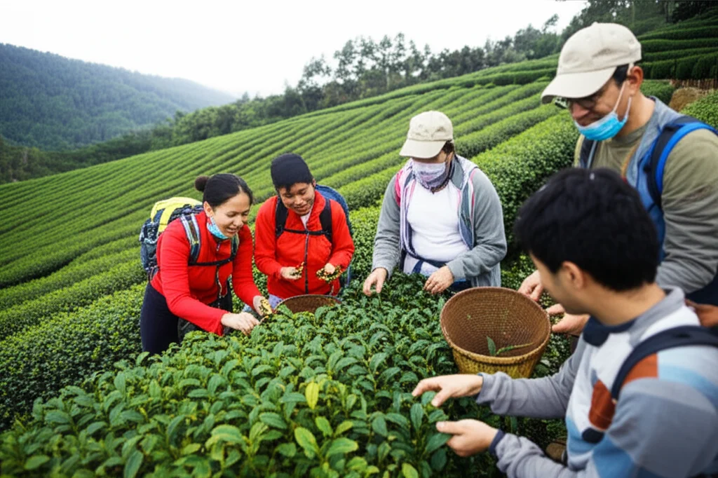 Fotografia di un gruppo di turisti e residenti locali che collaborano sorridenti durante un'attività di raccolta del tè in una piantagione cinese. Telephoto zoom, 200mm, per catturare l'interazione a distanza mantenendo un aspetto naturale, fast shutter speed per congelare il movimento, luce solare diffusa. L'immagine deve esprimere collaborazione e scambio culturale.