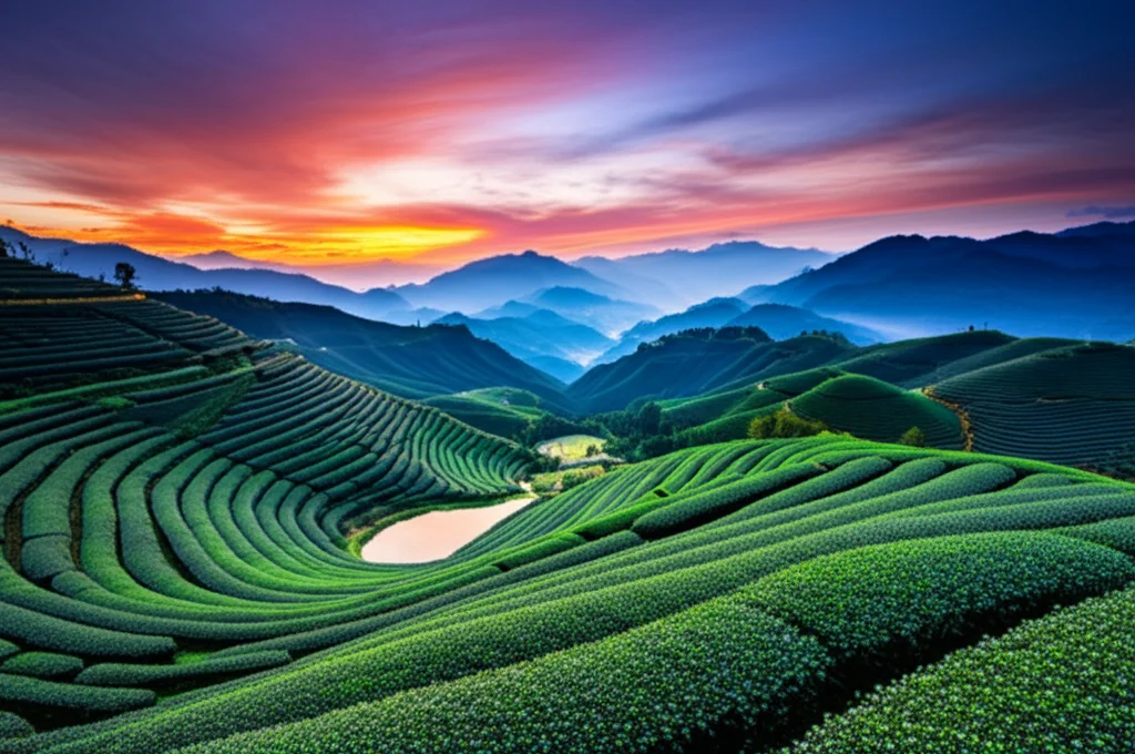 Un paesaggio grandangolare delle terrazze di tè di Anxi Tieguanyin al tramonto, con il cielo colorato e le montagne sullo sfondo. Wide-angle lens, 10mm, long exposure per nuvole setose e acqua, sharp focus, colori intensi del tramonto. L'immagine deve evocare la bellezza e la sostenibilità del patrimonio agricolo GIAHS.