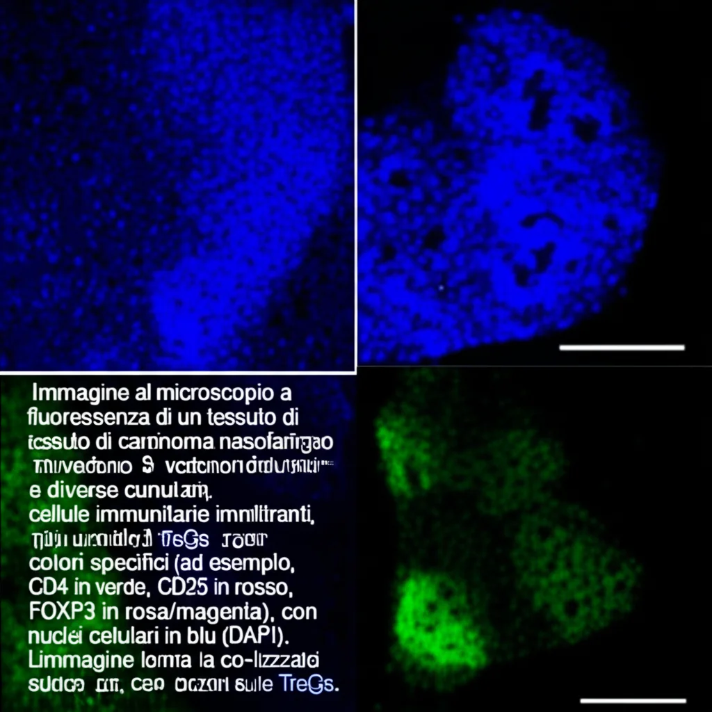 Immagine al microscopio a fluorescenza di un tessuto di carcinoma nasofaringeo. Si vedono cellule tumorali e diverse cellule immunitarie infiltranti, alcune delle quali sono Tregs marcate con colori specifici (ad esempio, CD4 in verde, CD25 in rosso, FOXP3 in rosa/magenta), con nuclei cellulari in blu (DAPI). L'immagine mostra la co-localizzazione dei marcatori sulle Tregs. Macro lens, 60mm, high detail, precise focusing, controlled lighting, sfondo scuro per esaltare la fluorescenza.