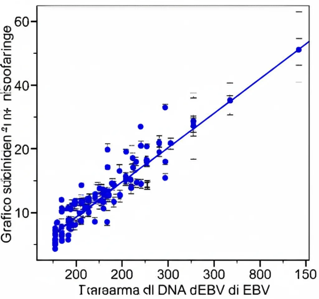 Grafico scientifico che mostra una correlazione positiva tra i livelli di DNA di EBV nel plasma (asse x) e la percentuale di infiltrazione di Treg CD4+CD25+FOXP3+ nel tessuto tumorale del carcinoma nasofaringeo (asse y). I punti dati sono sparsi ma mostrano una tendenza all'aumento. Stile grafico pulito, con etichette chiare. Prime lens, 35mm, depth of field, duotone blu e grigio.
