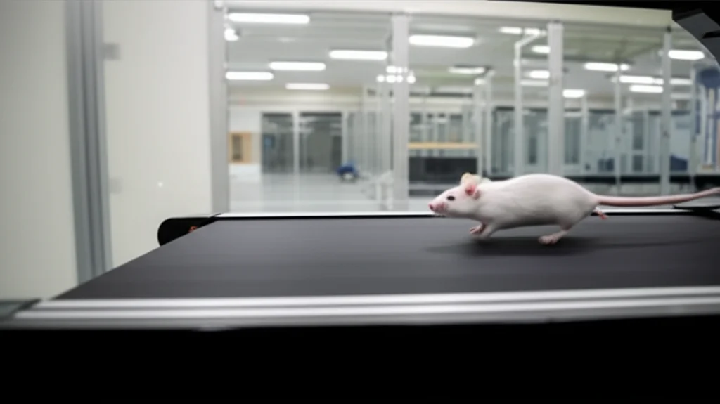 Un topolino da laboratorio corre su un tapis roulant in un ambiente di ricerca pulito e ben illuminato, fotografia sportiva con teleobiettivo zoom 150mm, fast shutter speed per congelare il movimento.