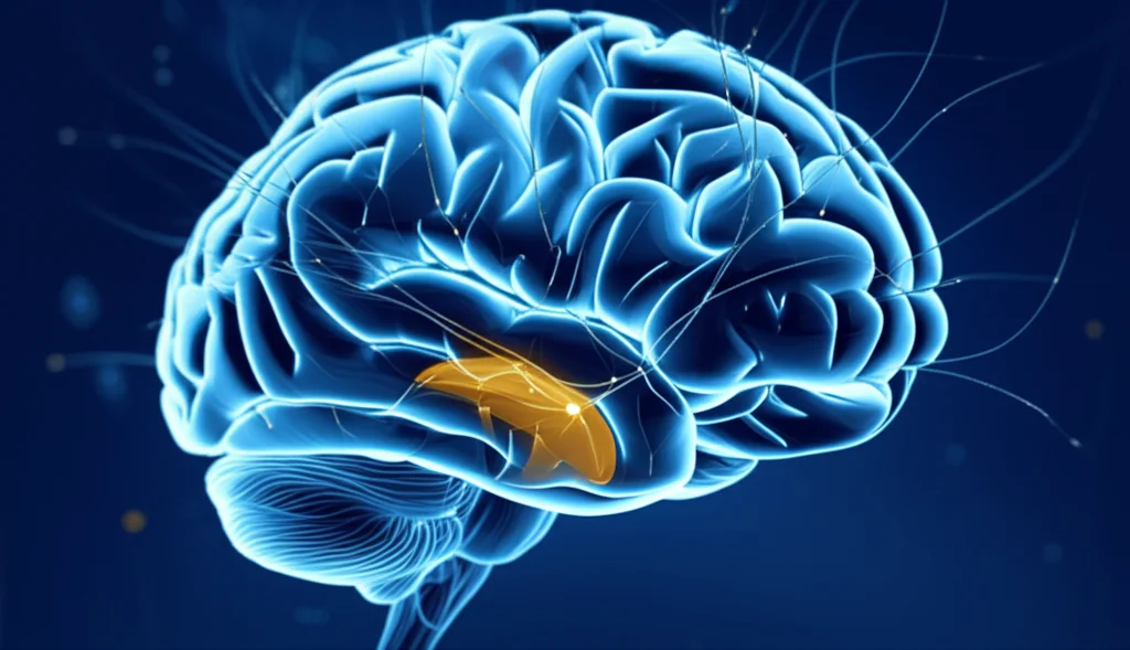 Visualizzazione astratta del cervello con percorsi neurali luminosi che rappresentano l'apprendimento e la memoria, con un focus sull'ippocampo, duotone blu e giallo, profondità di campo, obiettivo 35mm.