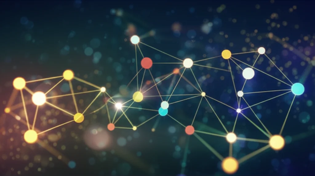 Un'immagine astratta che rappresenta la memoria organizzativa come una rete complessa e interconnessa di nodi luminosi di diversi colori (manageriale, tecnico, culturale) su uno sfondo scuro. Alcuni nodi sono più brillanti e connessi, altri più isolati, a simboleggiare il flusso e il blocco della conoscenza. Effetto bokeh, lunga esposizione per creare scie luminose, obiettivo wide-angle 10mm.