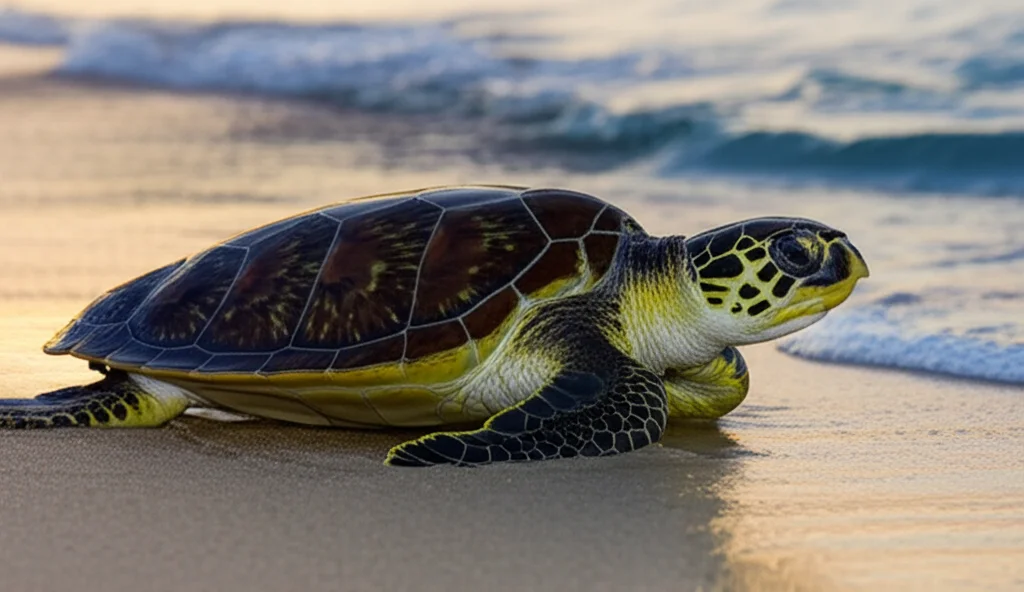 Fotografia naturalistica di una tartaruga embricata femmina che emerge dall'oceano al crepuscolo per nidificare su una spiaggia sabbiosa tropicale dell'isola di Poilão, Guinea-Bissau. Lente teleobiettivo zoom 100-400mm, scatto veloce per catturare il movimento, luce soffusa del tramonto.