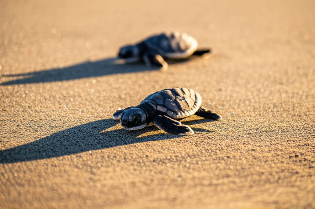 Primo piano macro di piccoli di tartaruga embricata appena emersi da un nido sulla sabbia, diretti verso il mare. Lente macro 60mm, alta definizione, messa a fuoco precisa sui dettagli dei gusci e della sabbia, illuminazione naturale del mattino.