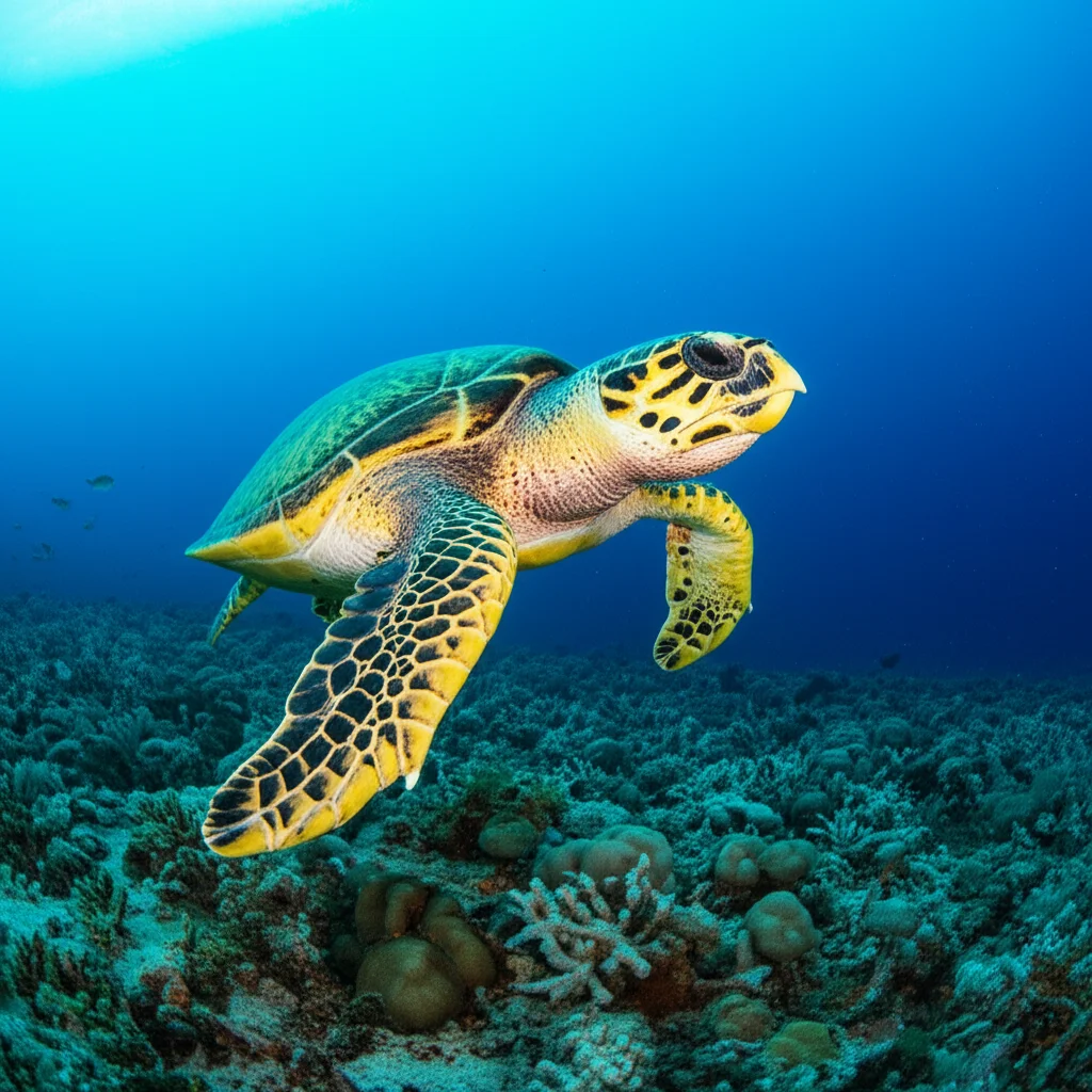 Veduta aerea con drone di una tartaruga embricata che nuota in acque cristalline poco profonde sopra una barriera corallina colorata, vicino all'arcipelago Bijagós. Lente grandangolare 24mm, acqua limpida, dettagli del corallo e della tartaruga.
