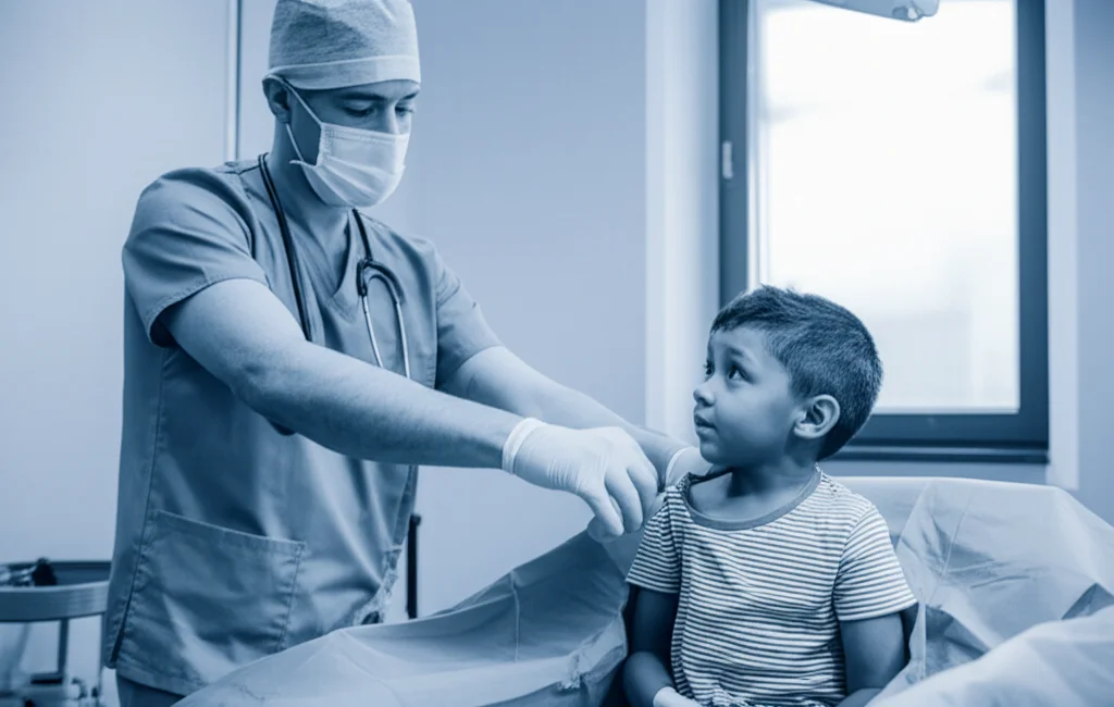 Ritratto fotografico di un anestesista pediatrico in un ospedale con risorse limitate, mentre prepara con cura l'attrezzatura per un'anestesia epidurale caudale su un bambino. Obiettivo prime 35mm, profondità di campo accentuata per mettere a fuoco il medico e sfocare leggermente lo sfondo di una sala operatoria semplice ma pulita, con luce naturale soffusa proveniente da una finestra. Duotone blu e grigio per un'atmosfera calma e professionale.