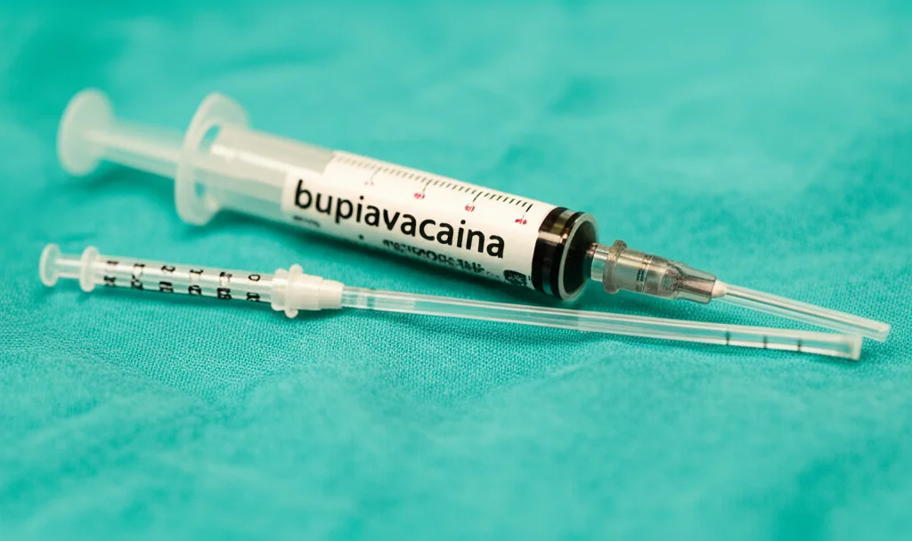 Fotografia macro di una fiala di bupivacaina e un sottile catetere epidurale appoggiati su un telo chirurgico sterile di colore verde. Obiettivo macro 90mm, alta definizione dei dettagli, illuminazione controllata per evidenziare le scritte sulla fiala e la texture del catetere, sfondo leggermente sfocato per mantenere il focus sugli oggetti.