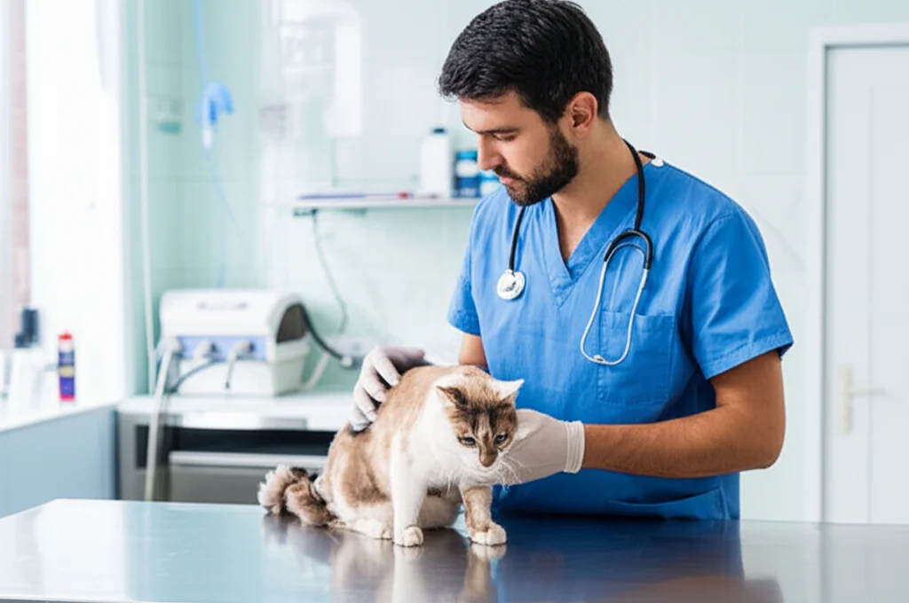 Fotografia ritratto di un veterinario attento che esamina un gatto soriano su un tavolo da visita in acciaio inossidabile, in una clinica veterinaria ben illuminata. Il veterinario indossa un camice blu e guanti. Sullo sfondo, attrezzature mediche. Obiettivo da 35mm, profondità di campo per mettere a fuoco il gatto e il veterinario, luce soffusa ma chiara.