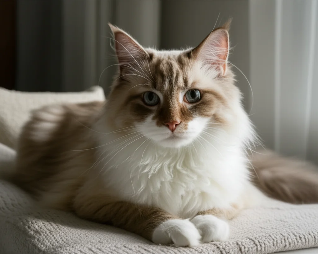 Fotografia di un gatto dall'aspetto sano e sereno, magari un Ragdoll o un Maine Coon (razze menzionate nello studio), che riposa comodamente su una coperta morbida in un ambiente domestico accogliente. Luce naturale dalla finestra, teleobiettivo zoom 100mm per un ritratto delicato, espressione pacifica per simboleggiare la guarigione.