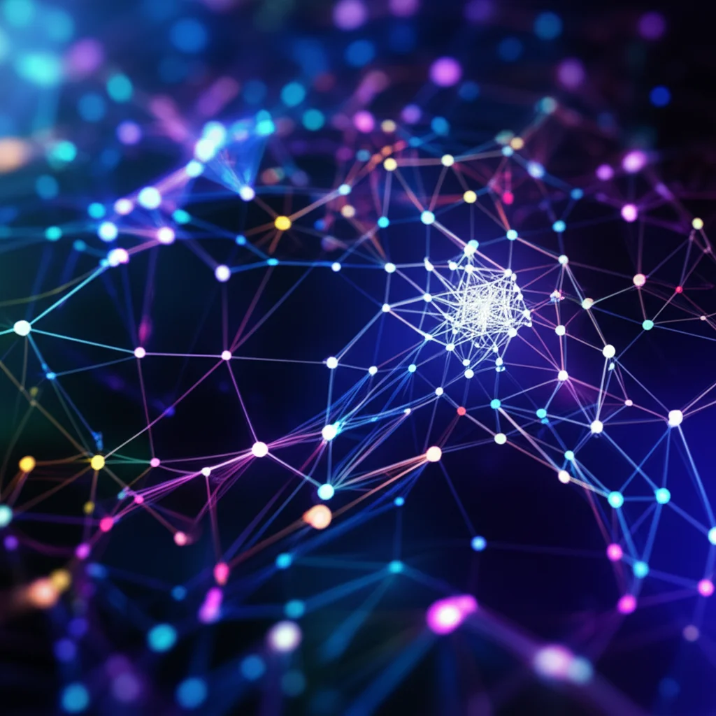 Un'immagine astratta e futuristica di una rete neurale LSTM con nodi luminosi e connessioni che fluiscono, a simboleggiare il flusso di dati e l'apprendimento. Macro lens, 85mm, high detail, precise focusing, controlled lighting con tonalità blu elettrico e viola.