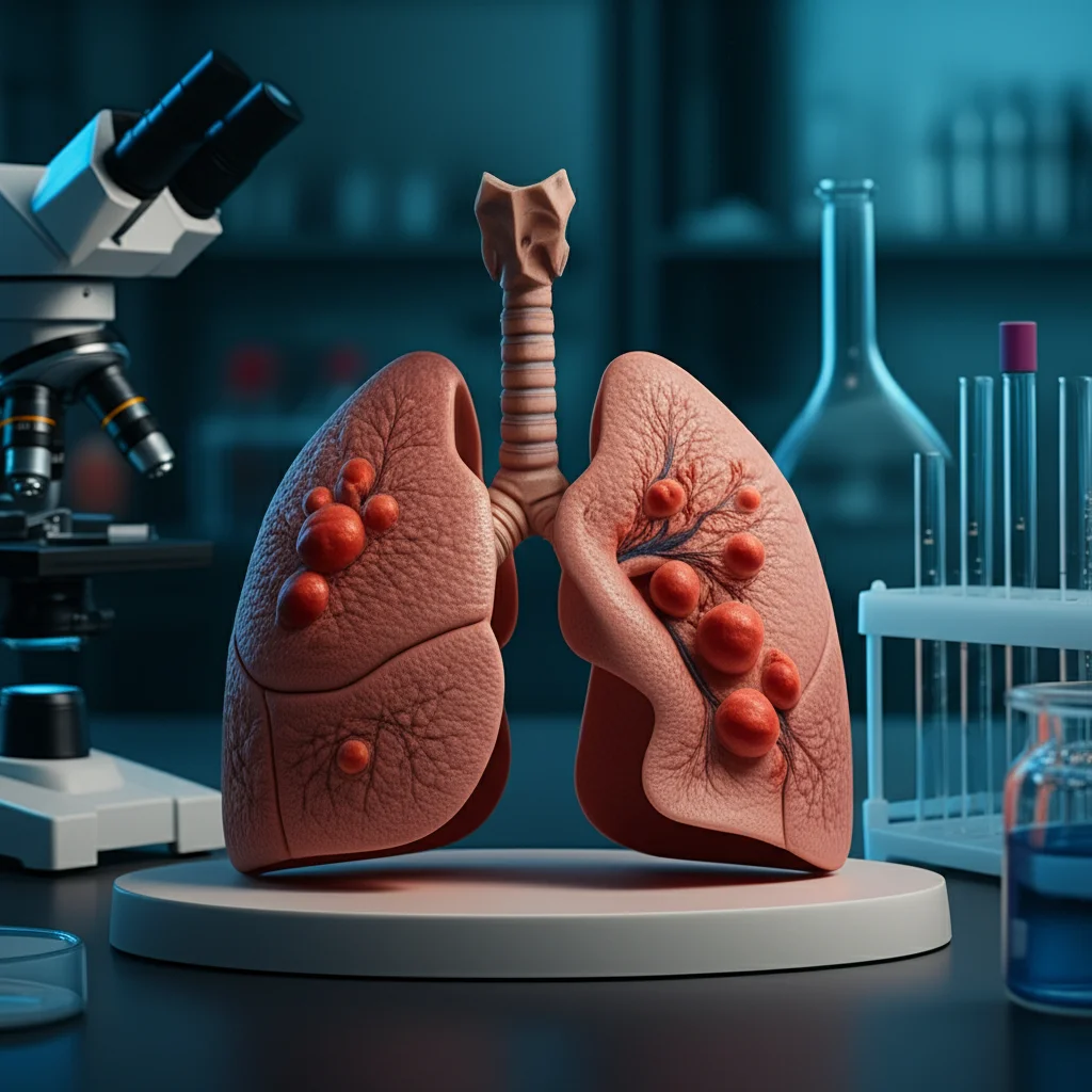 Lenti macro, 80 mm, dettagli elevati, messa a fuoco precisa, illuminazione controllata, che mostra un modello 3D di polmoni umani con noduli polmonari evidenziati, insieme a apparecchiature di laboratorio come tubi di prova e un microscopio in un ambiente di laboratorio di ricerca moderno leggermente illuminato.