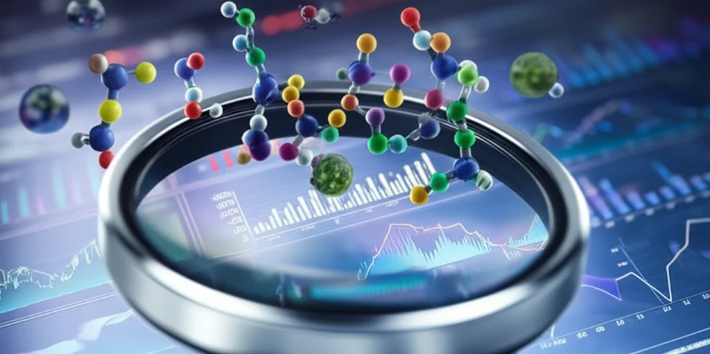 Lenti macro, 100 mm, dettagli elevati, illuminazione controllata, raffigurante una rappresentazione stilizzata di varie molecole di metaboliti colorate che galleggiano sopra uno schermo di computer che mostra grafici di dati complessi e grafici, che simboleggiano l'analisi metabolomica.