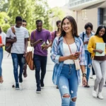 A diverse group of university students walking on campus, some looking at phones, others talking, representing the student body, 35mm portrait, depth of field, natural light.
