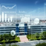 A wide-angle landscape shot (10mm wide-angle lens) showing a school building nestled within a community, with abstract data visualizations subtly overlaid, representing the connection between educational data and real-world impact, sharp focus.