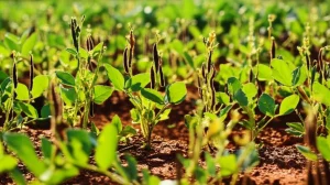 Campo rigoglioso di piante di fagiolo Bambara (Vigna subterranea) in diverse fasi di crescita sotto il sole africano, alcuni baccelli visibili vicino al terreno, fotografia paesaggistica agricola, obiettivo grandangolare 24mm, messa a fuoco nitida, colori vividi.
