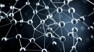 Lente primaria, 50mm, profondità di campo, stile noir cinematografico, raffigurante una rappresentazione altamente dettagliata e leggermente astratta delle molecole di metaboliti interconnesse che formano una rete complessa, con un po 'luminoso più luminoso di altri, che simboleggia l'identificazione dei biomarcatori chiave in un background scuro e atmosferico che suggerisce una ricerca medica.