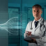 Photorealistic image: A doctor reviewing a digital medical chart displaying a complex nomogram, 35mm portrait, controlled lighting, modern clinic setting.