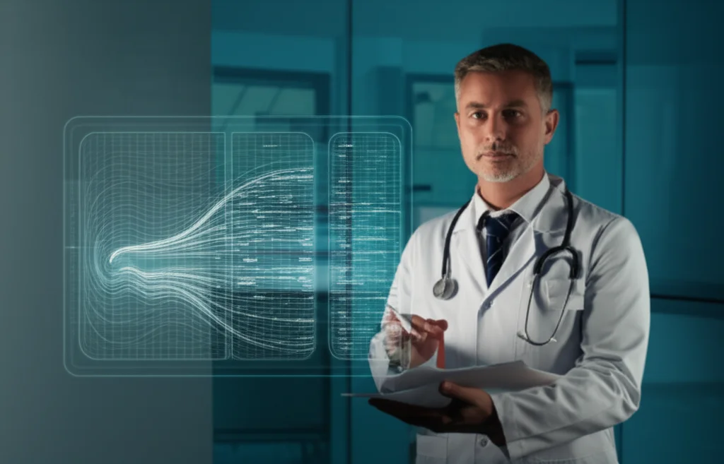 Photorealistic image: A doctor reviewing a digital medical chart displaying a complex nomogram, 35mm portrait, controlled lighting, modern clinic setting.