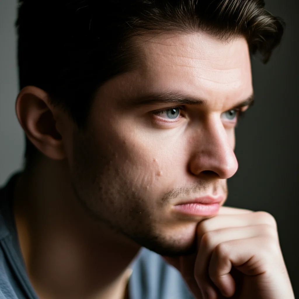 Photorealistic portrait of a person contemplating a difficult decision, 35mm prime lens, shallow depth of field.