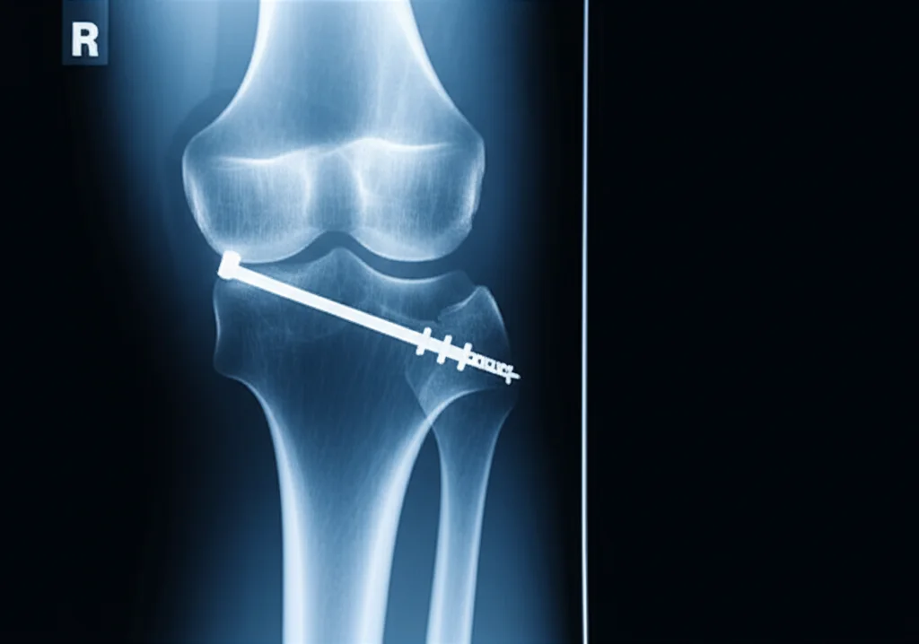 Un'immagine fotorealistica che mostra una radiografia di un femore con un chiodo PFNA rotto, sovrapposta a una visione stilizzata e luminosa di un nuovo chiodo PFNA intatto, a simboleggiare la soluzione e la speranza. Dettaglio sulla frattura e sull'impianto. Obiettivo macro 100mm, illuminazione drammatica con contrasto tra l'area 'rotta' e quella 'riparata', alta definizione.