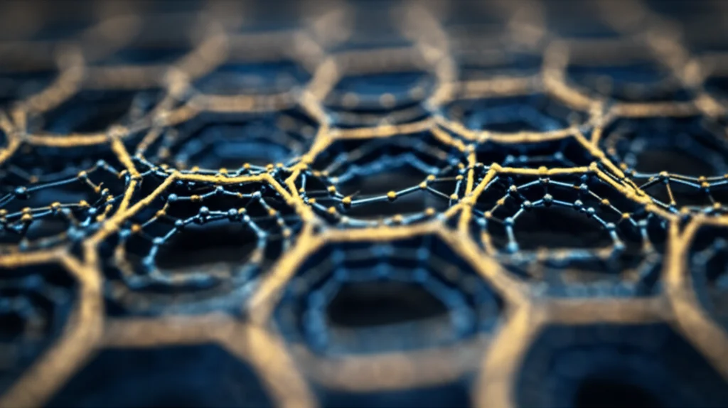 Visualizzazione artistica 3D di un reticolo kagome con elettroni che formano onde di densità di spin, evidenziando le singolarità di van Hove come punti di alta densità elettronica. Obiettivo prime da 35mm, profondità di campo per mettere a fuoco il reticolo centrale, con uno schema di colori duotone blu scuro e oro per un effetto scientifico ma elegante.