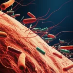 Visualizzazione artistica del microbiota intestinale con batteri di forme e colori diversi che fluttuano in un ambiente organico stilizzato, obiettivo macro 100mm, illuminazione drammatica laterale per enfatizzare la tridimensionalità e i dettagli dei microrganismi, sfondo scuro per contrasto.