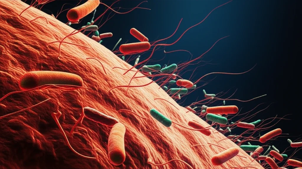 Visualizzazione artistica del microbiota intestinale con batteri di forme e colori diversi che fluttuano in un ambiente organico stilizzato, obiettivo macro 100mm, illuminazione drammatica laterale per enfatizzare la tridimensionalità e i dettagli dei microrganismi, sfondo scuro per contrasto.