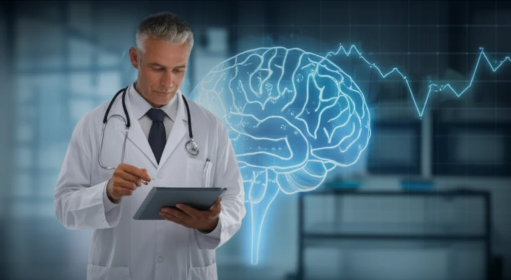 Un medico con camice bianco, in un ambiente ospedaliero luminoso, esamina con attenzione dei risultati su un tablet, sullo sfondo un grafico stilizzato di un cervello e un cuore interconnessi. Luce controllata, obiettivo da 35mm, profondità di campo per mettere a fuoco il medico.