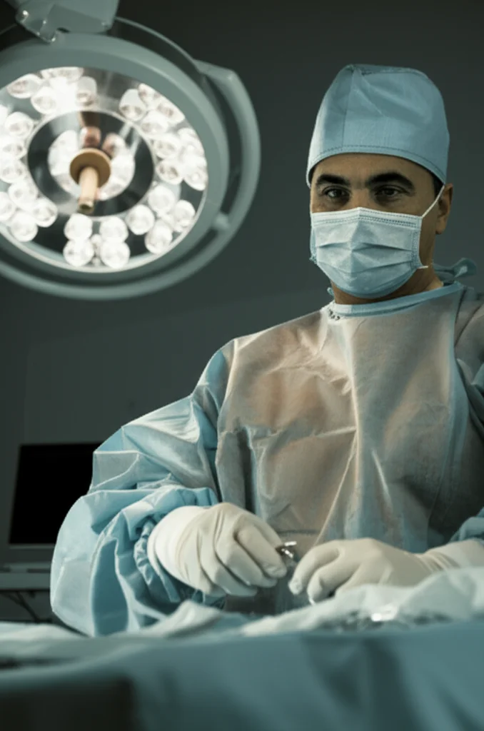 Fotografia ritratto di un anestesista esperto e rassicurante che discute con un paziente anziano prima di un intervento, obiettivo da 35mm, profondità di campo, duotono seppia e blu per un'atmosfera di fiducia e professionalità.