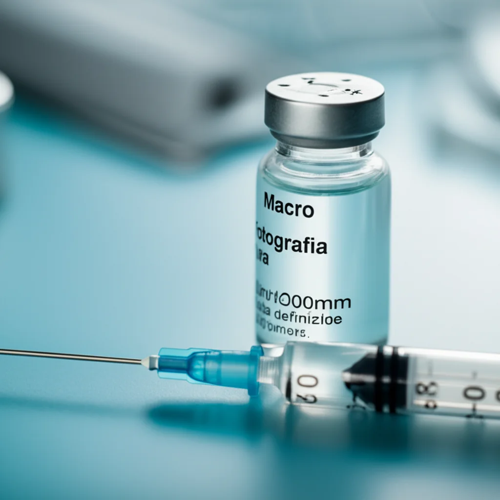 Macro fotografia di una fiala di farmaco anestetico con una siringa accanto, su un tavolo sterile in sala operatoria, obiettivo macro da 100mm, alta definizione, illuminazione controllata per enfatizzare la precisione medica.