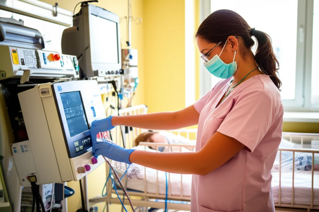 Un'infermiera pediatrica, con indosso mascherina e guanti chirurgici, controlla con attenzione un ventilatore meccanico in una luminosa unità di terapia intensiva pediatrica. Accanto, un piccolo paziente in un lettino. L'immagine è un ritratto, scattata con un obiettivo da 35mm, con una leggera profondità di campo per mantenere a fuoco sia l'infermiera che parte dell'attrezzatura. I toni sono caldi e rassicuranti, con una luce naturale che filtra da una finestra vicina.