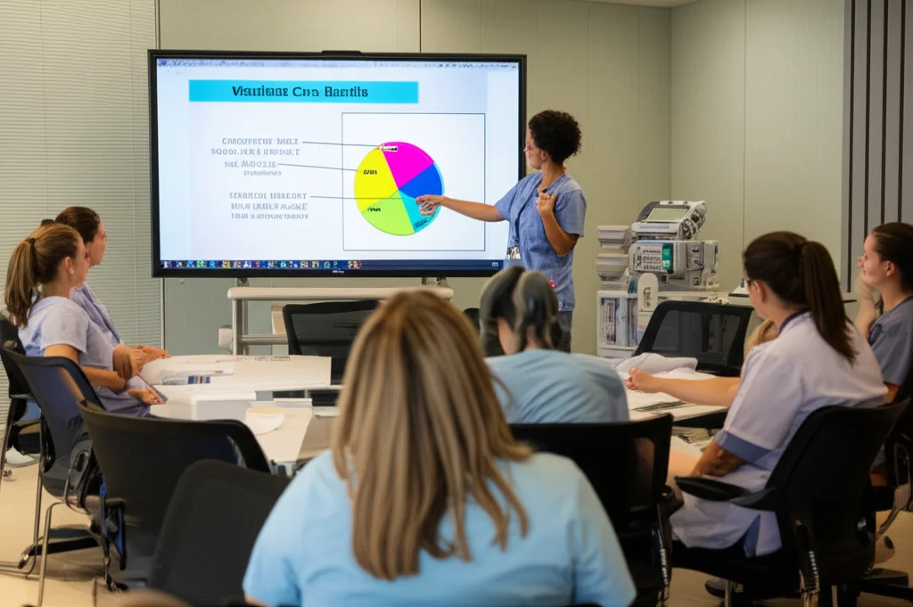 Un gruppo di infermiere pediatriche in divisa partecipa a una sessione di training in una sala riunioni moderna e luminosa. Una formatrice, anch'essa infermiera, indica un grafico proiettato su uno schermo che illustra i componenti del Ventilator Care Bundle. Le infermiere sono attente e prendono appunti. Fotografia di gruppo in azione, obiettivo zoom 24-70mm, luce ambientale brillante, catturando l'interazione e l'apprendimento.