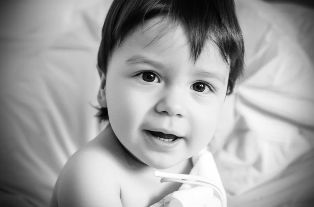 Un bambino piccolo sorride debolmente dal suo lettino in un reparto pediatrico, non più attaccato al ventilatore. Accanto a lui, una mano gentile di un genitore o di un'infermiera. La stanza è colorata e accogliente. Fotografia di ritratto, obiettivo da 50mm, luce naturale soffusa, bianco e nero con un leggero effetto duotone (bianco e celeste chiaro) per trasmettere speranza e delicatezza, profondità di campo ridotta per focalizzare sul bambino.