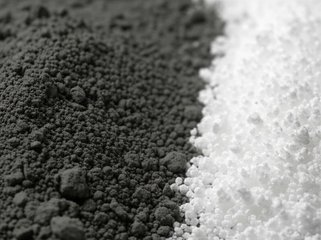 Macro fotografia di un mucchietto di cenere volante grigio scura (fly ash) accanto a cristalli di zeolite bianchi e porosi, illuminazione controllata per evidenziare la texture, obiettivo macro 100mm, alta definizione, focus preciso sulla differenza di struttura tra i due materiali.