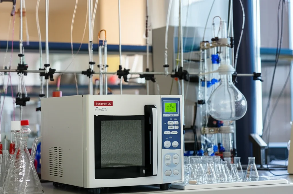 Fotografia di un moderno laboratorio di chimica, con un reattore a microonde in primo piano e vetreria scientifica sullo sfondo, luce da laboratorio brillante e pulita, obiettivo 50mm, profondità di campo che sfoca leggermente lo sfondo per concentrarsi sul reattore, dettagli nitidi sull'attrezzatura.