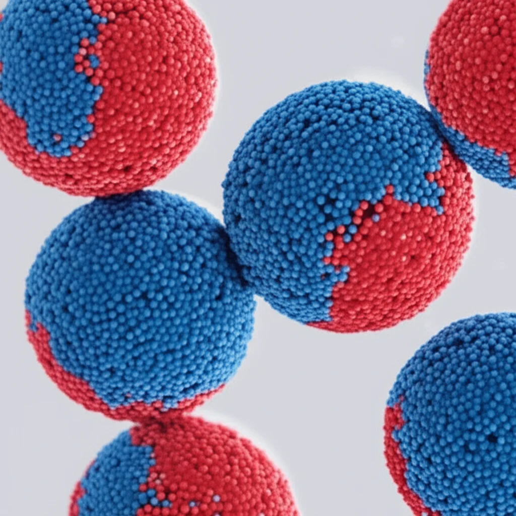 Lenti macro, 80 mm, dettagli elevati, messa a fuoco precisa, illuminazione controllata, che mostra una visione microscopica di particelle colloidali con distinte patch blu (positive) e rosse (negative) sulle loro superfici, sospese in un liquido chiaro, alcune particelle stanno attirando, altre respingendo in base all'orientamento della patch.