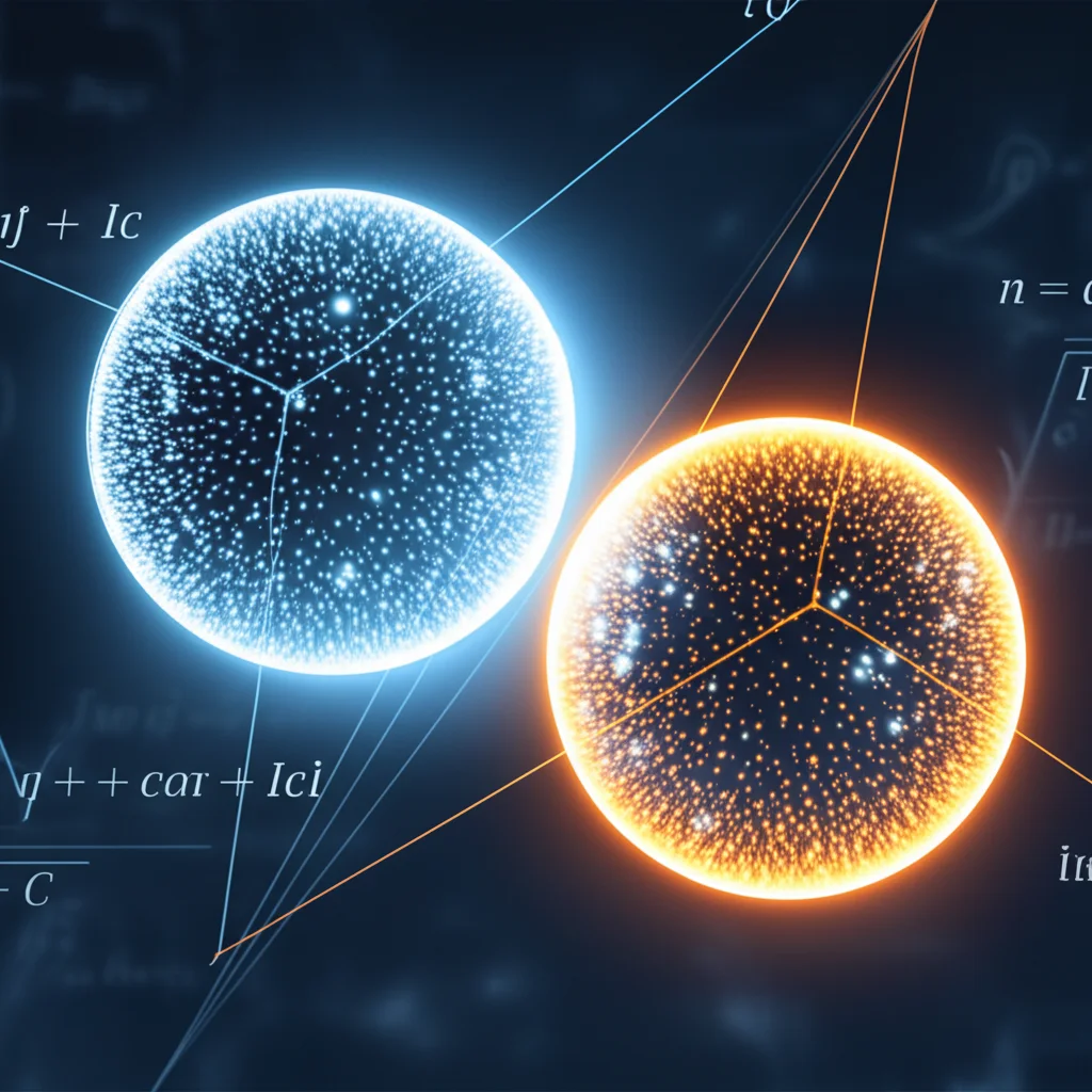 Immagine concettuale, obiettivo da 35 mm, profondità di campo, blu duotone e arancione, che mostra due sfere astratte, una con punti di luce interni (modello IC) e un altro con un guscio luminoso (modello CS), con equazioni matematiche e linee di collegamento sottilmente sovrapposte, simboleggiano la loro unificazione.