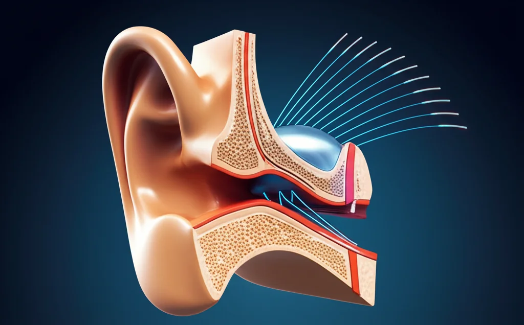 Primo piano macro di un modello anatomico dell'orecchio interno, con un impianto cocleare stilizzato inserito nella coclea. Sottili linee luminose bluastre emanano dagli elettrodi dell'impianto, a simboleggiare il campo elettrico. Illuminazione controllata e drammatica per evidenziare i dettagli, obiettivo macro 90mm, alta definizione.