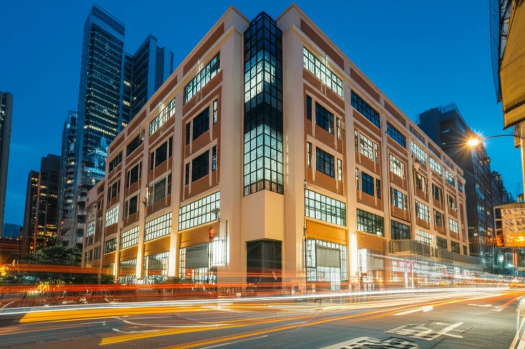 Fotografia di un edificio industriale storico di Hong Kong rivitalizzato, al crepuscolo, con luci calde che illuminano interni moderni visibili attraverso grandi finestre. Obiettivo grandangolare 24mm, lunga esposizione per cieli setosi e dettagli nitidi, atmosfera urbana vibrante.