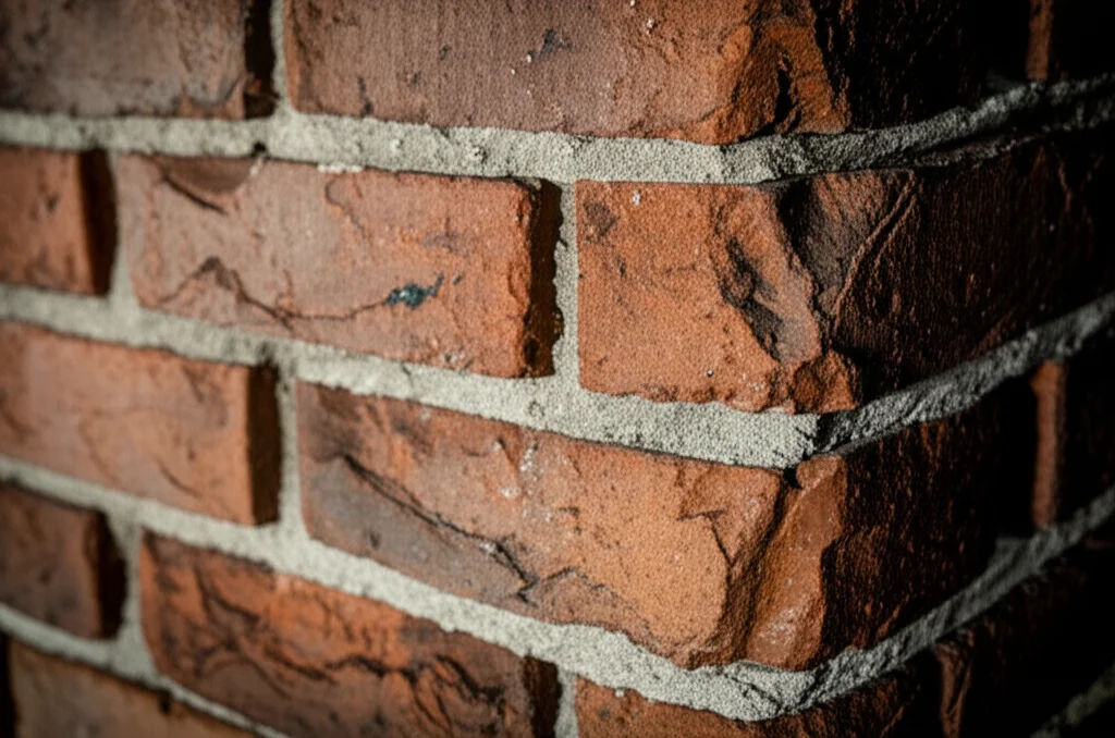 Fotografia macro di un dettaglio architettonico di un vecchio muro di mattoni di un capannone industriale, con texture pronunciata e segni del tempo. Obiettivo macro 100mm, illuminazione laterale controllata per esaltare i dettagli, alta definizione.