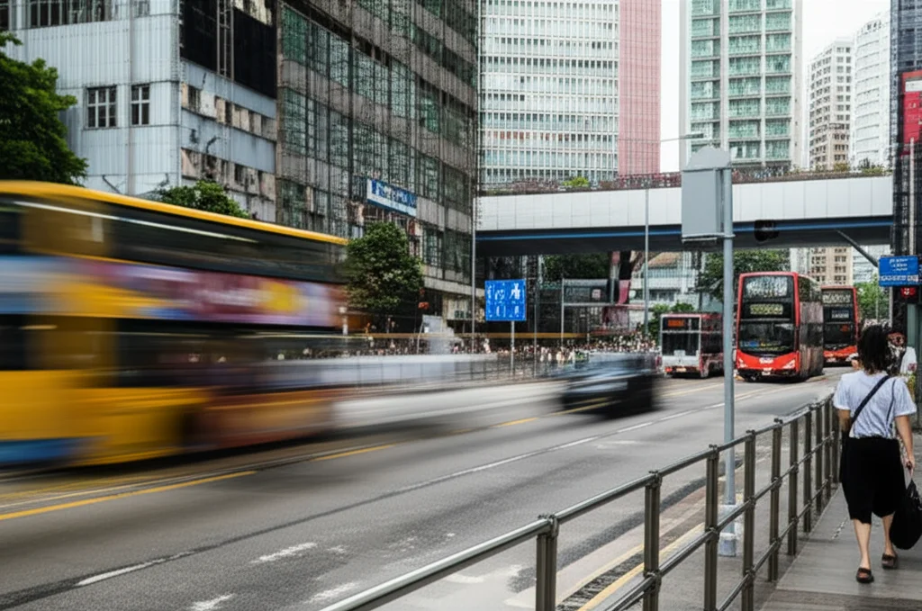 Fotografia di una strada trafficata adiacente a un complesso industriale riqualificato a Hong Kong, con persone che camminano e mezzi di trasporto pubblico visibili. Obiettivo zoom 35mm, velocità dell'otturatore moderata per un leggero motion blur del traffico, profondità di campo che mostra l'integrazione urbana.